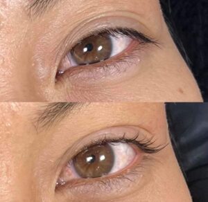 Happy client after receiving a lash lift and tint at Essential Pairs in Loveland, Colorado, showcasing natural, low-maintenance beauty results.
